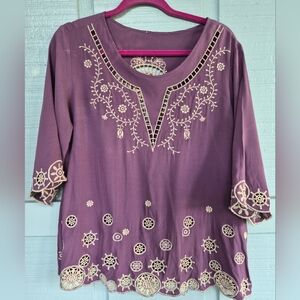 Embroidered Dusty Purple Womans Top Scalloped Hem And Sleeves M Fairycore Boho